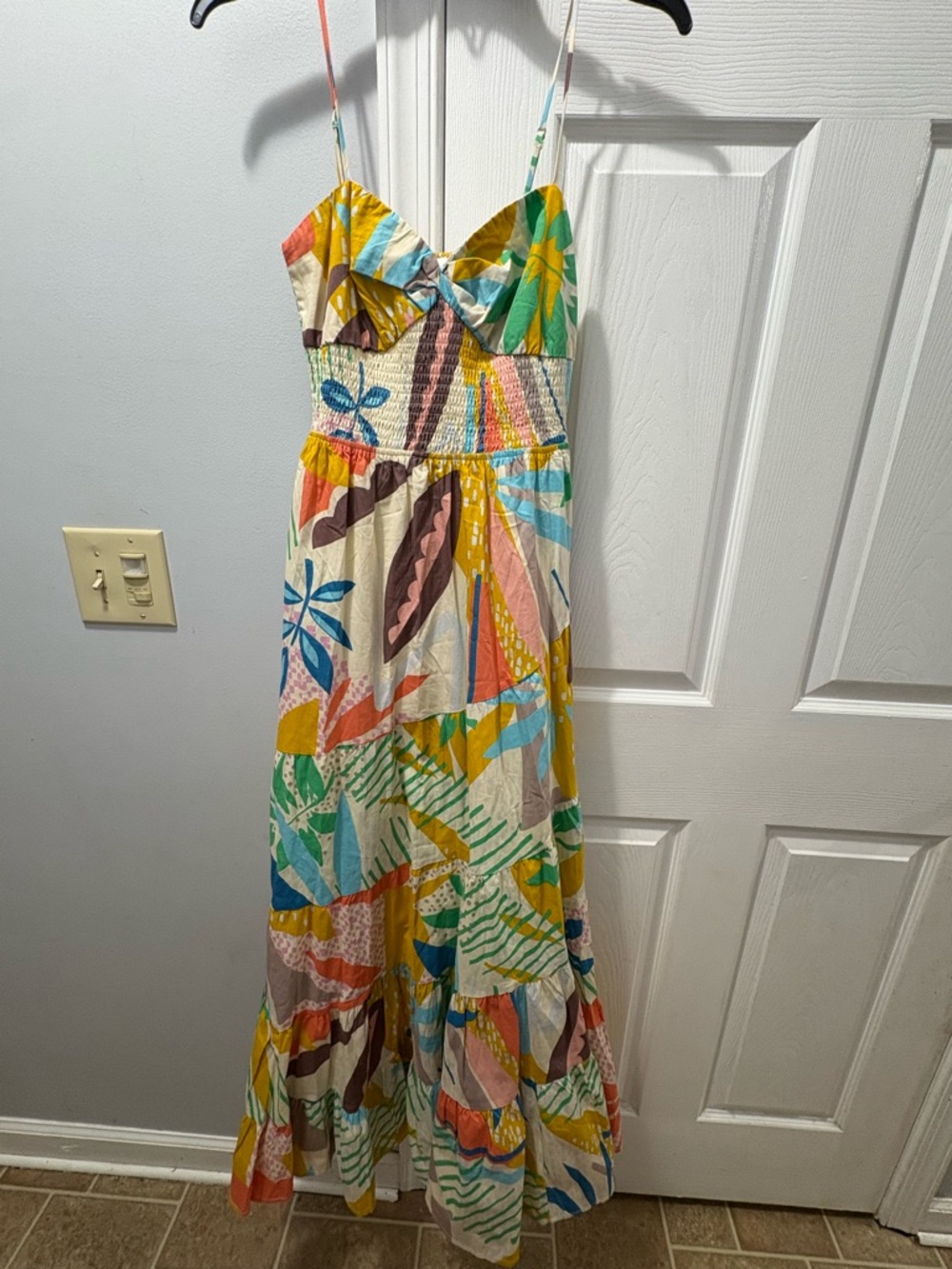 FATE Rosemary Smocked Tropical Print Cotton Maxi Sundress Size Small